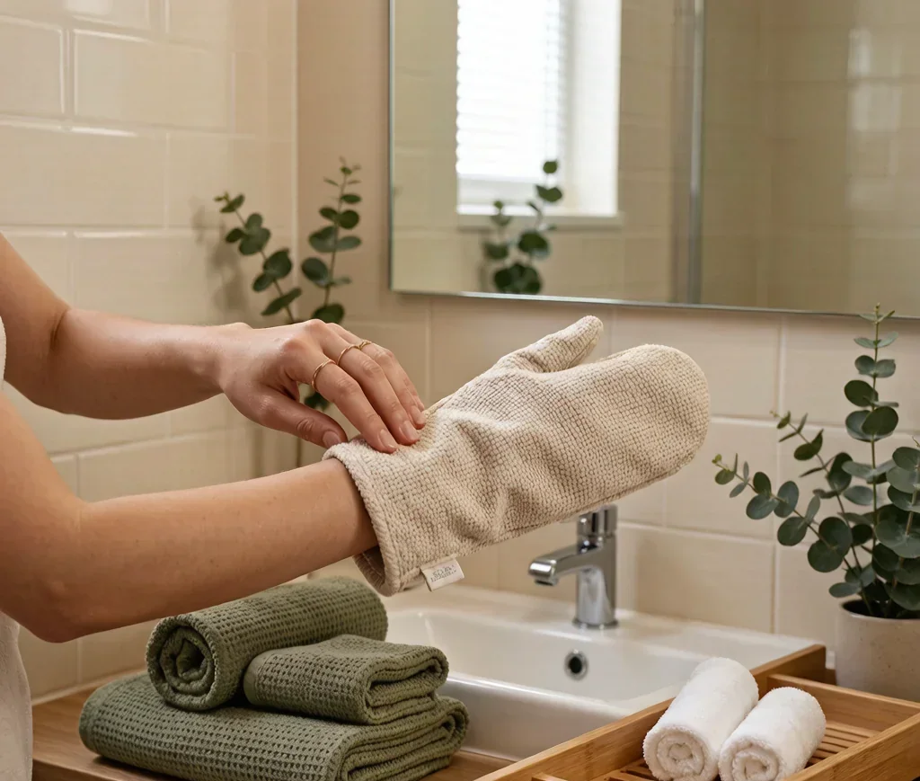 Woman using exfoliating bath mitt in a serene bathroom