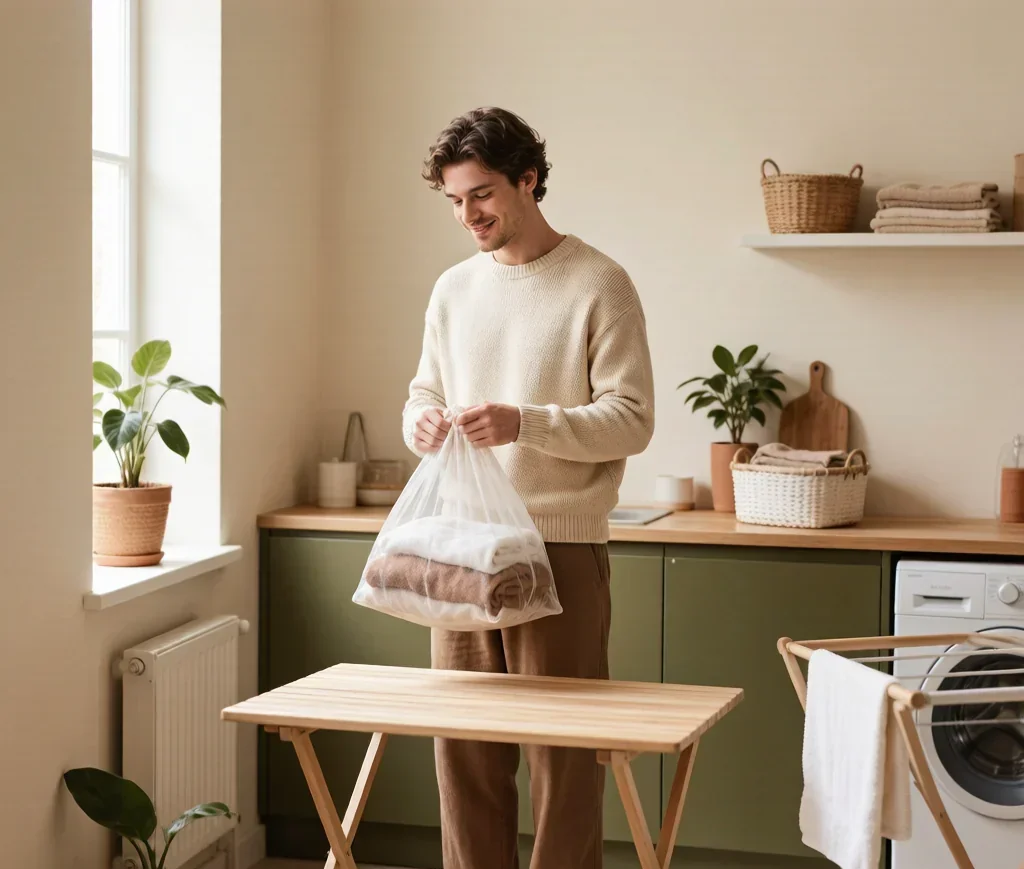 Man holding laundry bag in a modern laundry room